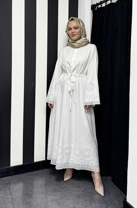 Si Desing Kolları İncili Dantelli Elbise White - 1