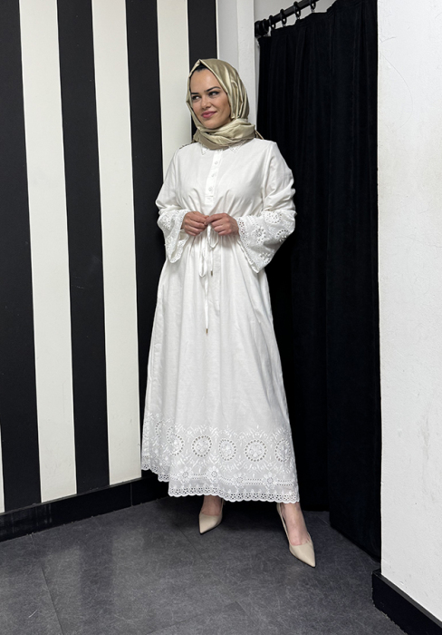 Si Desing Kolları İncili Dantelli Elbise White - 2