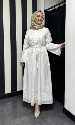 Si Desing Kolları İncili Dantelli Elbise White - 3