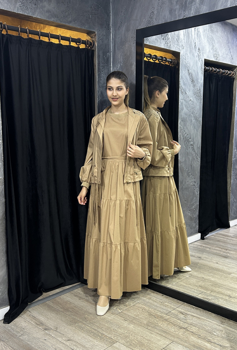 Si Desing Kolsuz Kat Kat Elbise CAMEL - 6