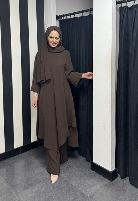 Studionish Tunik Pantolon Şal Üçlü Takım KAHVERENGİ - 1