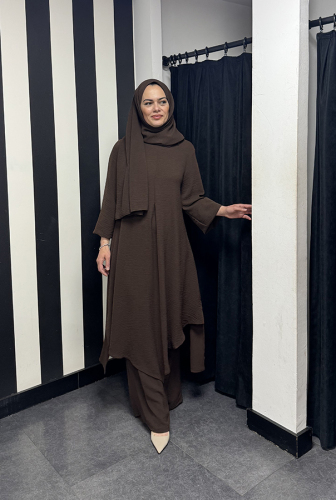Studionish Tunik Pantolon Şal Üçlü Takım KAHVERENGİ - 3