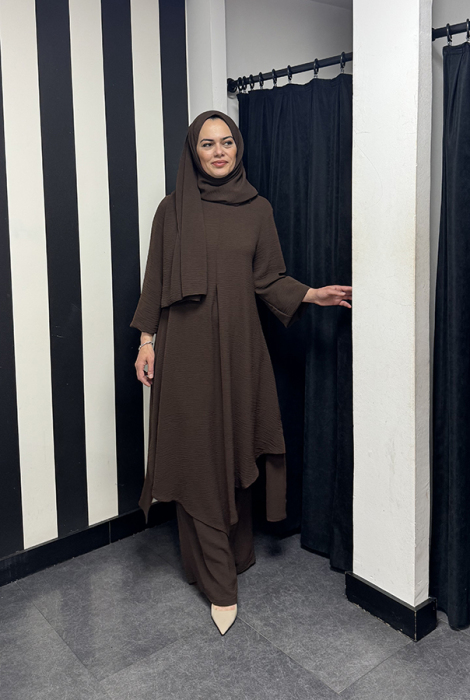 Studionish Tunik Pantolon Şal Üçlü Takım KAHVERENGİ - 3